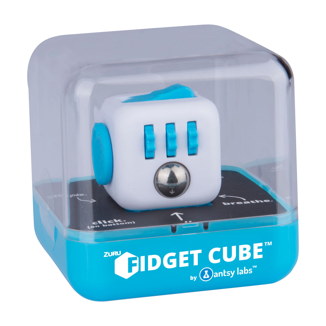 Fidget Cube Blauw Wit in zijn verpakking